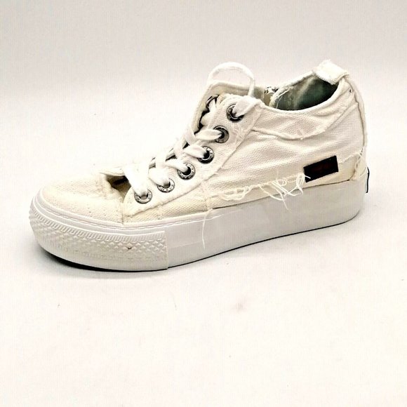 Blowfish Womens Mid-Top Canvas Sneakers White Fringed Edging Side Zip 6 - Picture 1 of 9